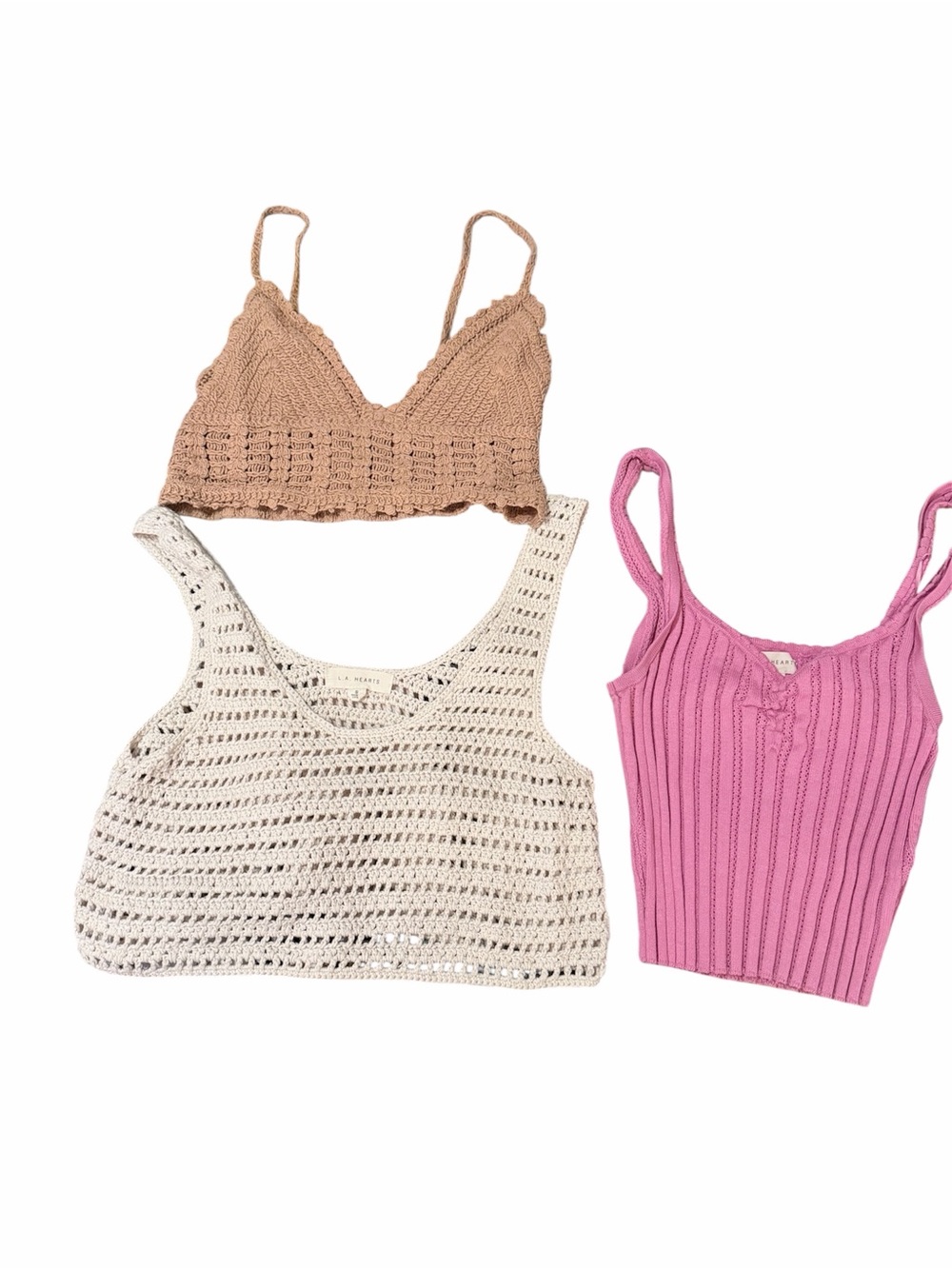 Bundle of 3 Beige Crochet Bralette + Cream Crochet Tank + Pink Ribbed Cami